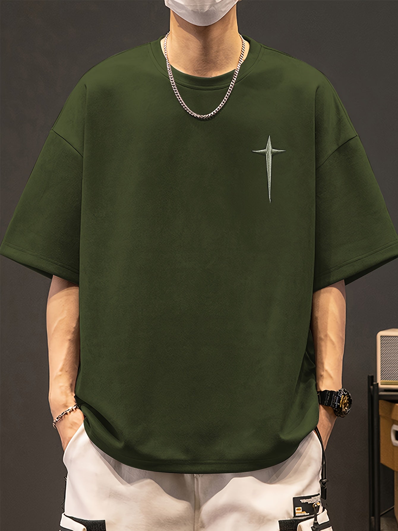 Men's Pierson OBM Fashion Casual Teal Embroidered Crew Neck Sweatshirt - Sporty Style, Polyester and Spandex Blend, Machine Washable, Summer Wear, Sporty Sweatshirt|Geometric Embroidery|Polyester Spandex Blend