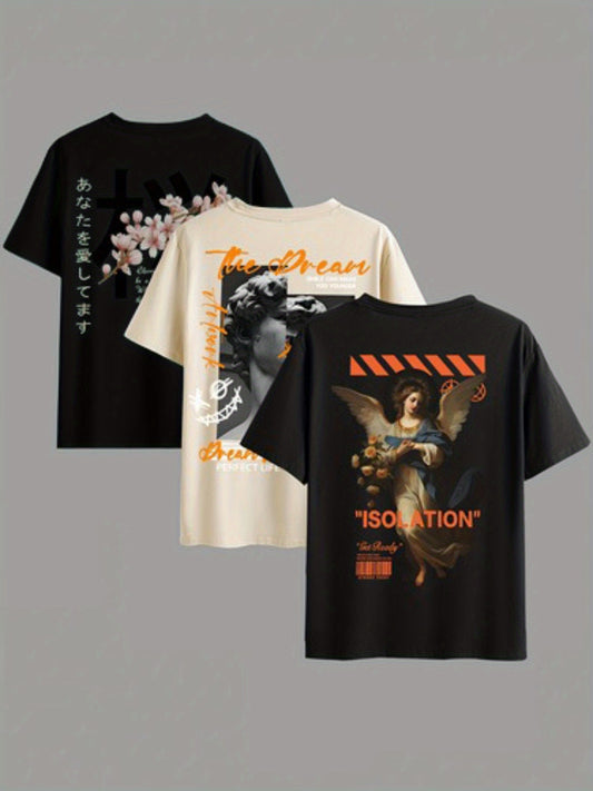 3pcs Men's Graphic T-Shirts - Artistic 'True Dream' Floral, Greek Statue & 'Isolation' Angel Design, Japanese Text, Soft Cotton Blend, Regular Fit Short Sleeve for Casual Summer Wear, Leisure Clothing | Modern Artistic Tee | Durable Print Quality