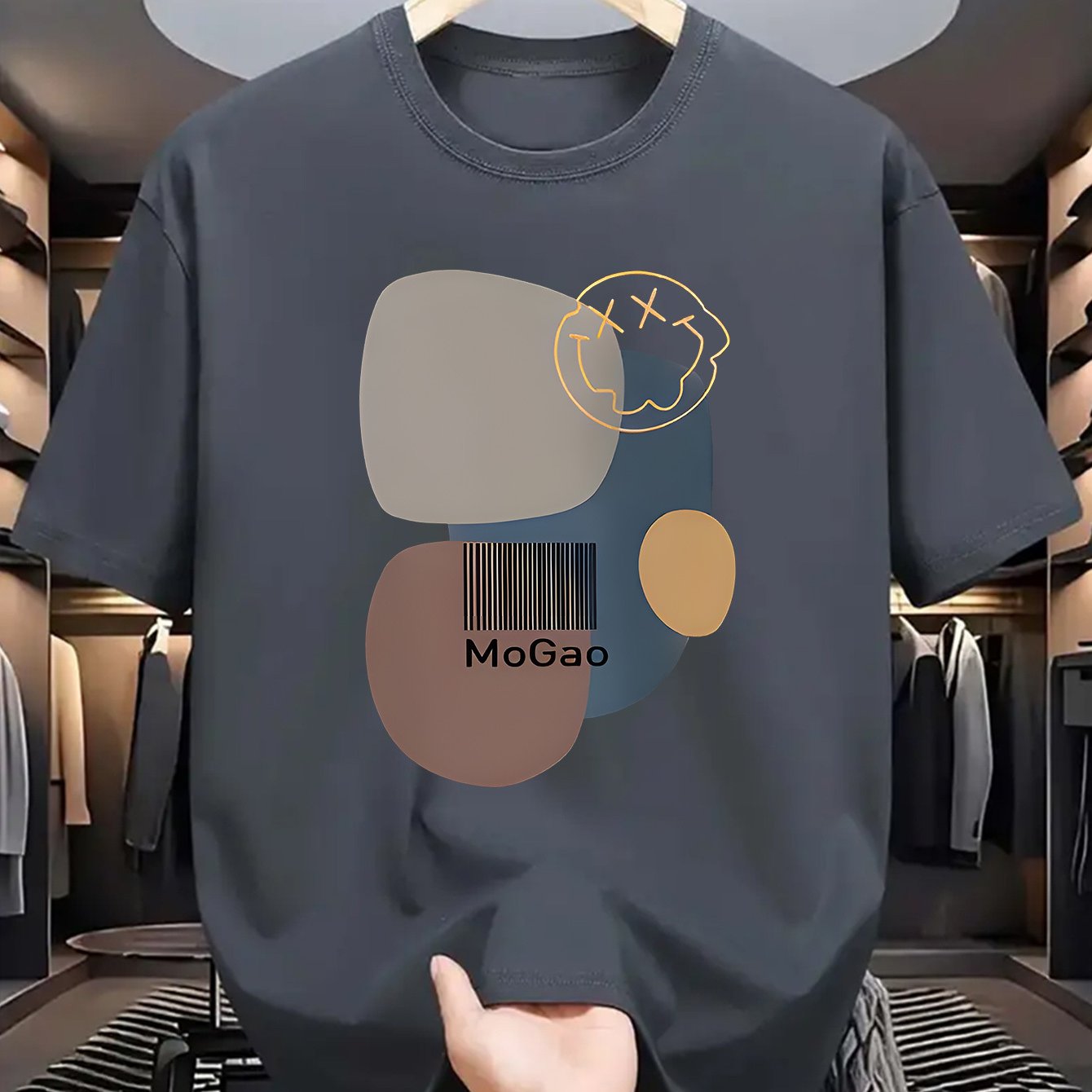Mogao Men's Casual Short Sleeve T-Shirt - Light Blue Abstract Geometric Print, Breathable Summer Fabric, Regular Fit Round Neck, Machine Washable for Casual Attire, Versatile Fashion Top, Modern Aesthetic Shirt