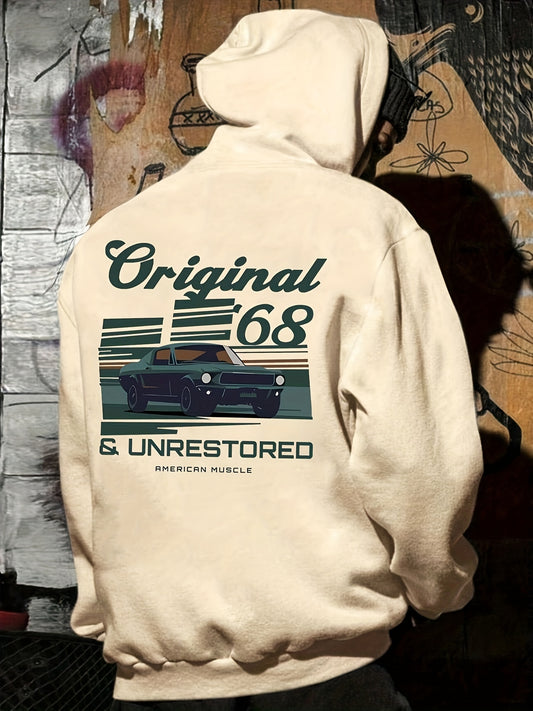 1pc Original 68 & Unrestored American Muscle Vintage Car Print Hoodie for Men - Casual French Terry Pullover with Pockets, Non-Stretch Knit Fabric, Loose Fit Hooded Sweatshirt