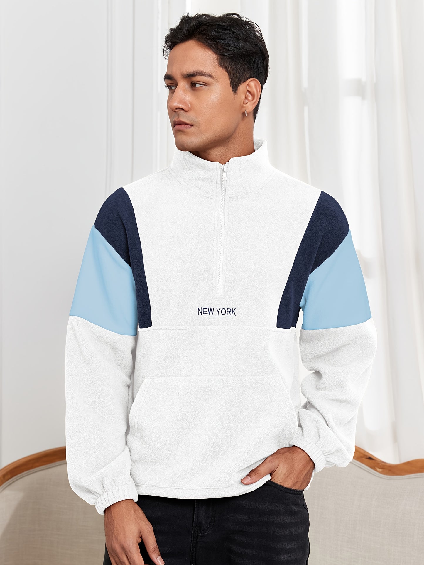 Men's Fluffy Polar Fleece Hoodie with NEW YORK Lettering & Colorblock Design - Half-Zip Stand Collar Sweatshirt, Loose Fit Unisex Pullover for Casual & Athletic Wear, Machine Washable (Black\u002FOlive\u002FBeige)