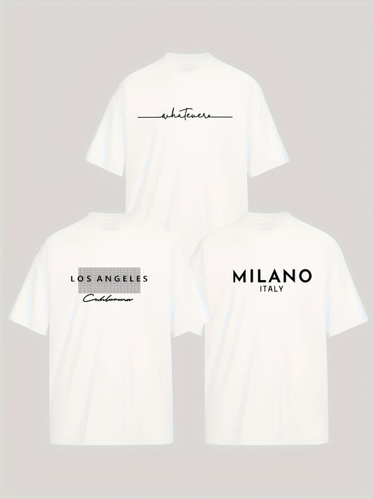 3pcs Stylish T-shirt Set with Los & Milan Art Monogram Print - Relaxed, Breathable Polyester Blend, Machine Washable - Perfect for Summer